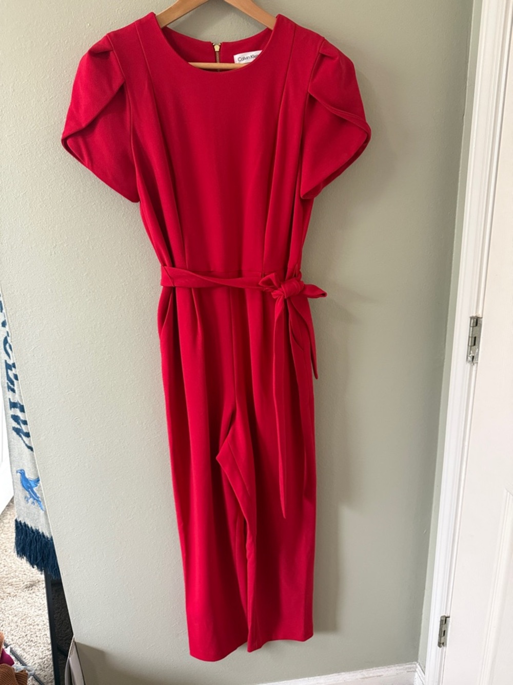 Calvin Klein Red Short Sleeve Belted Jumpsuit